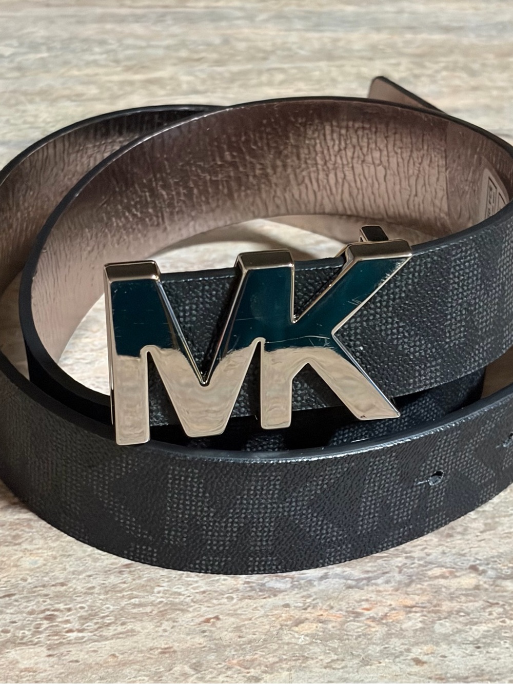 Michael Kors Men's Black Signature MK Silver Color Logo Leather Belt - Picture 2 of 16